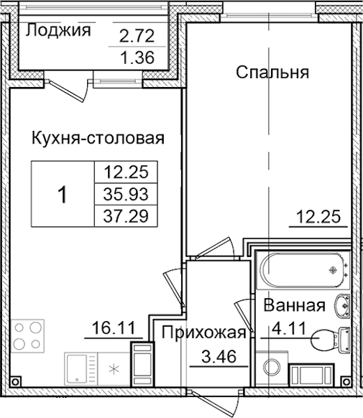 1-комнатная квартира 37.29 м², 9/9 эт., ЖК «Квартал Заречье»